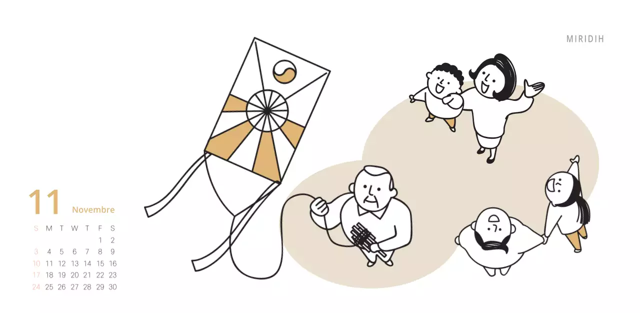 Simpatico calendario da tavolo illustrato verde a tema famiglia