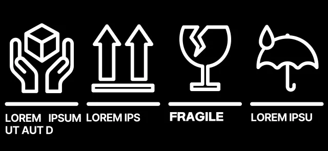 Design semplice con pittogrammi di avviso di spedizione in bianco e nero