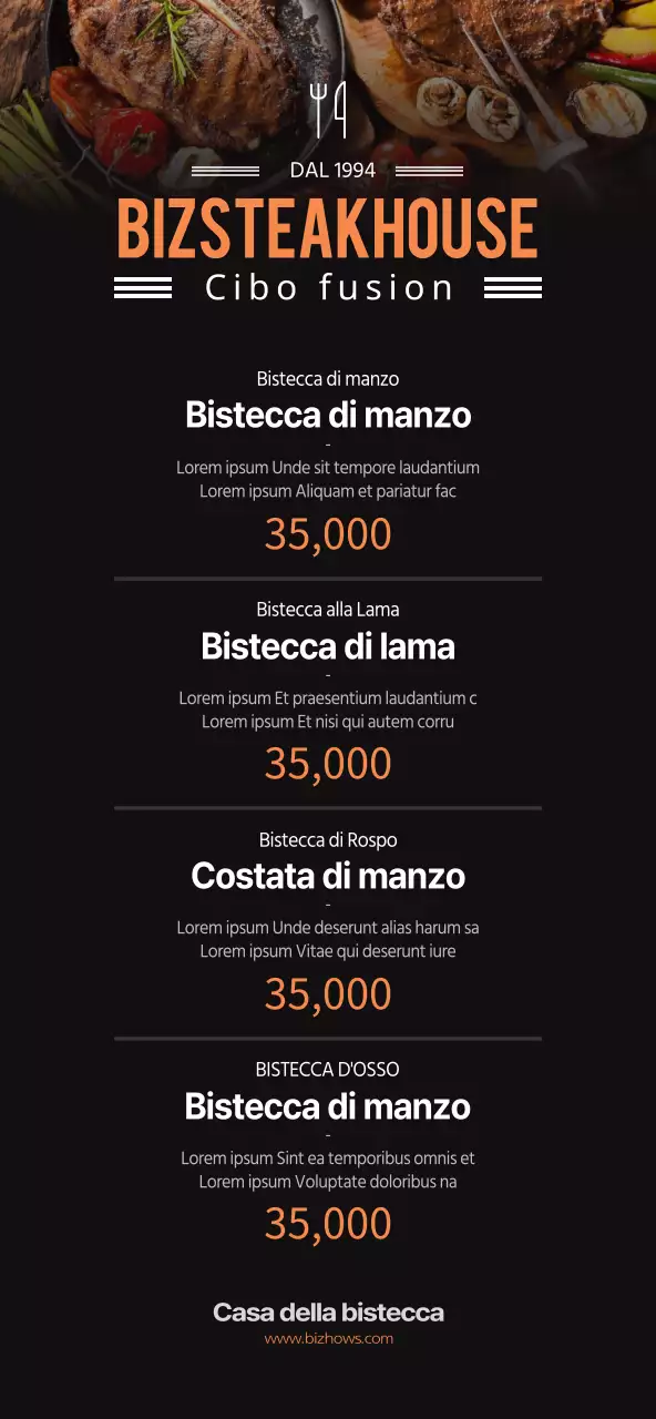 Nero e arancione, prezzi del menu della steakhouse in stile semplice