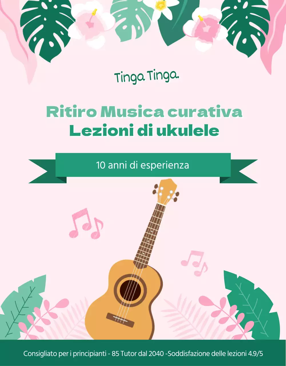 Lezioni private di ukulele hawaiano tropicale in verde e rosa