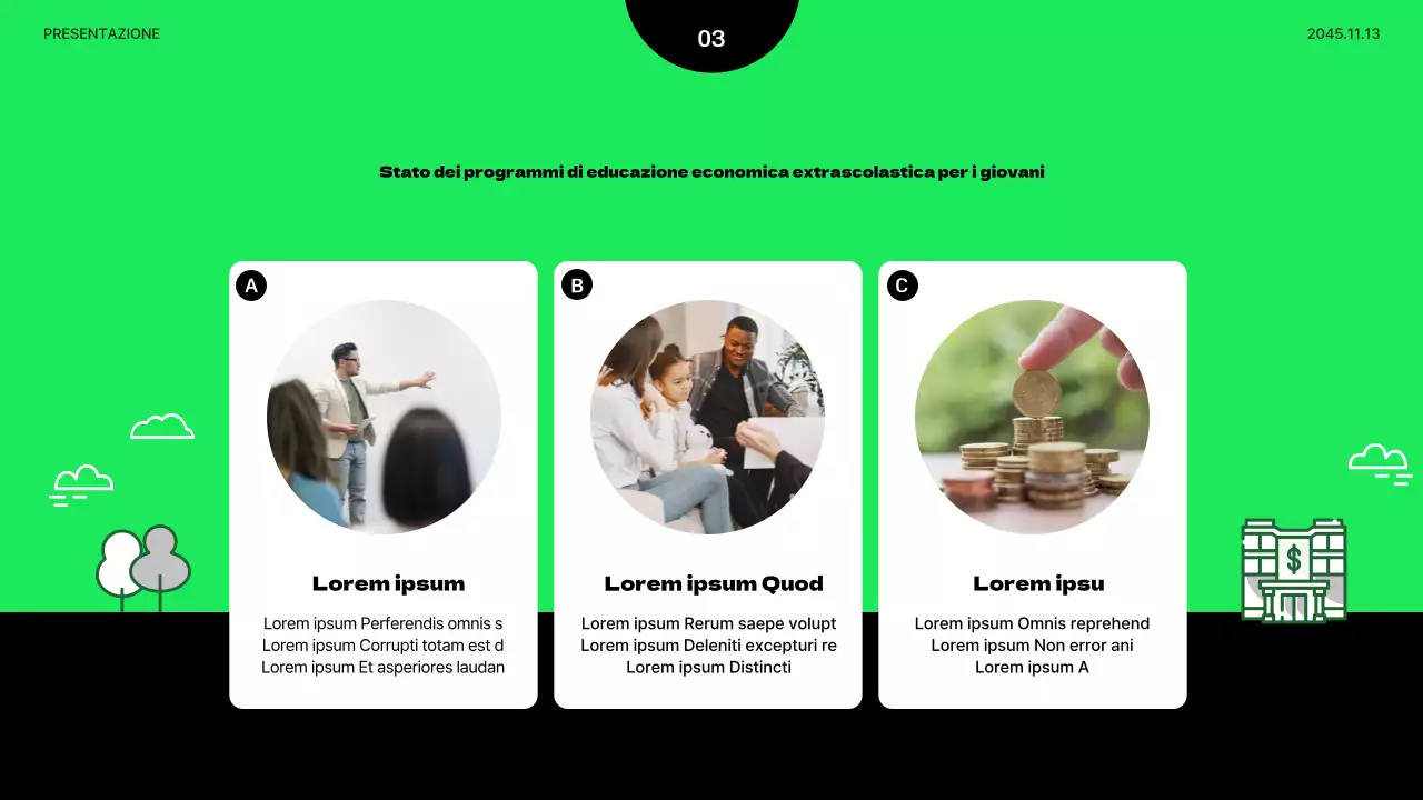 Presentazione minimalista di educazione economica giovanile in verde lime e nero