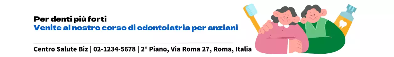 Progettare un opuscolo del centro sanitario con illustrazioni di anziani e promuovere corsi per la cura dentale degli anziani.