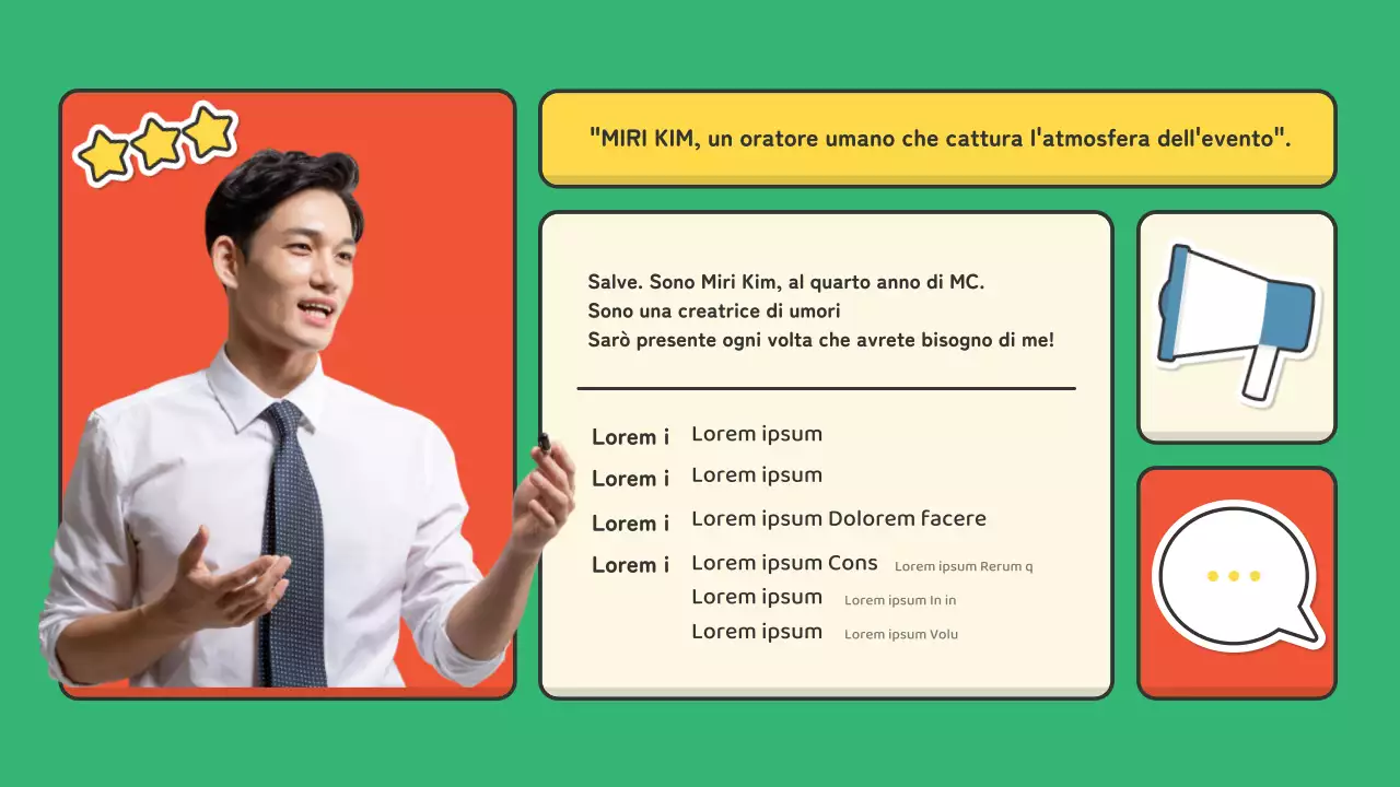 Un portfolio per emcee nel settore dello spettacolo con un simpatico concetto di adesivo rosso e verde