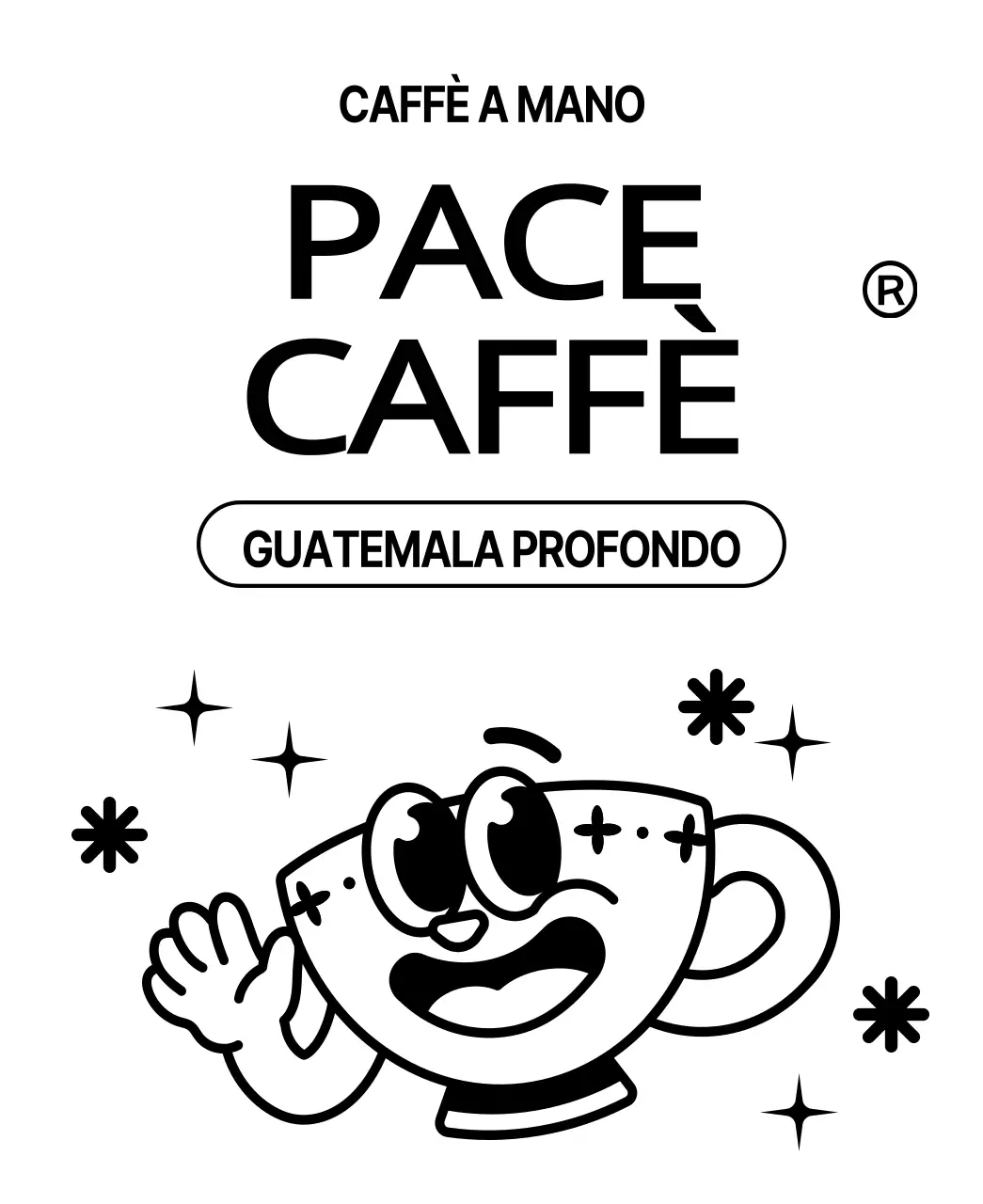 Chicchi di caffè con un simpatico disegno che raffigura un personaggio di una tazza di caffè nera