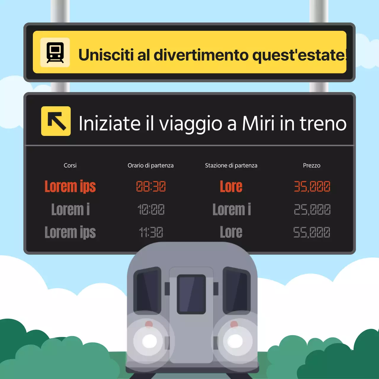 Cartelloni neri e gialli per promuovere il viaggio in treno