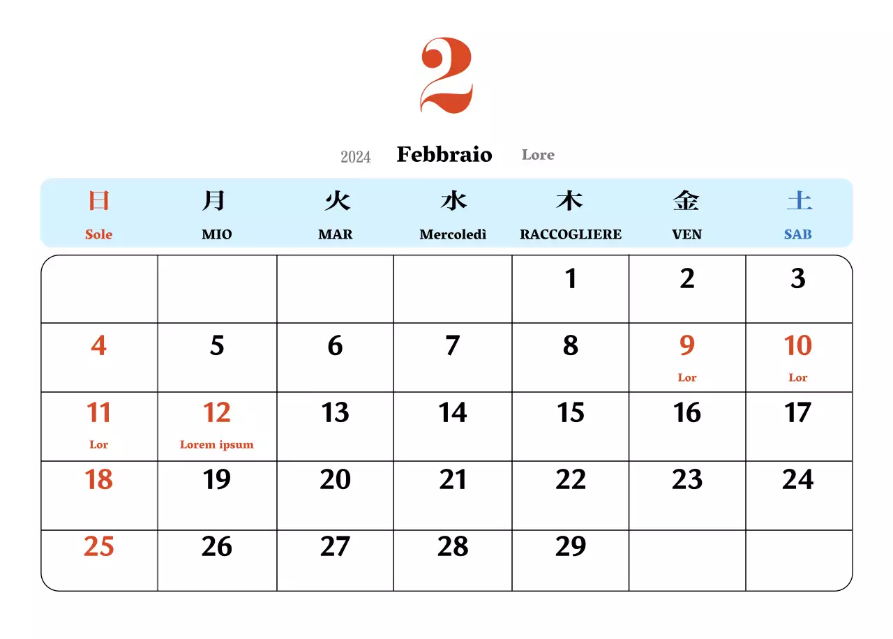 Calendario nostalgico di concezione retrò in rosso e blu