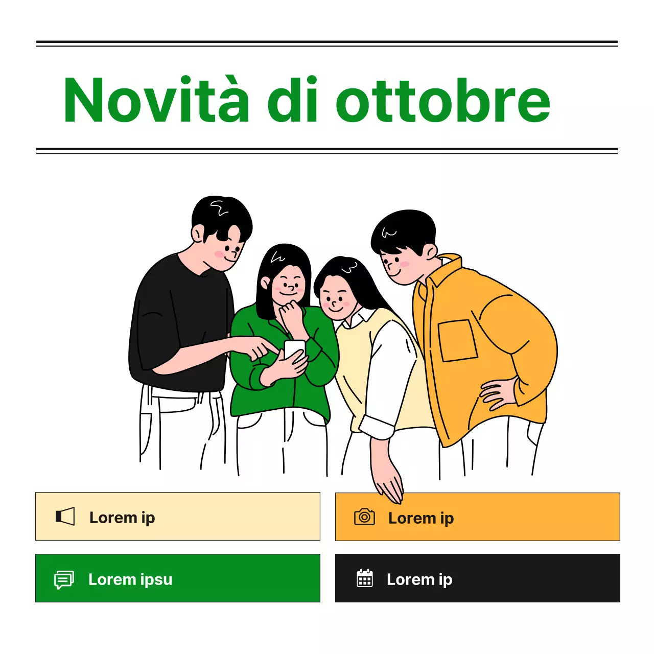 La newsletter mensile di un dipartimento universitario di bachelor con un blog carino, ordinato e semplice in verde e arancione e illustrazioni monotone di Notion.
