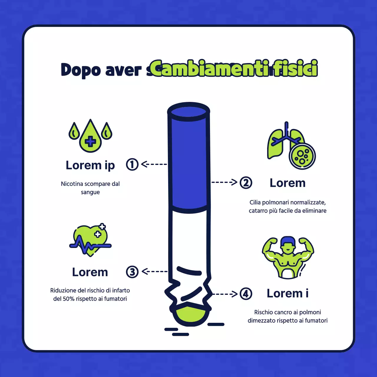 Semplice illustrazione di carattere in blu e chartreuse che introduce una clinica sanitaria senza tabacco.