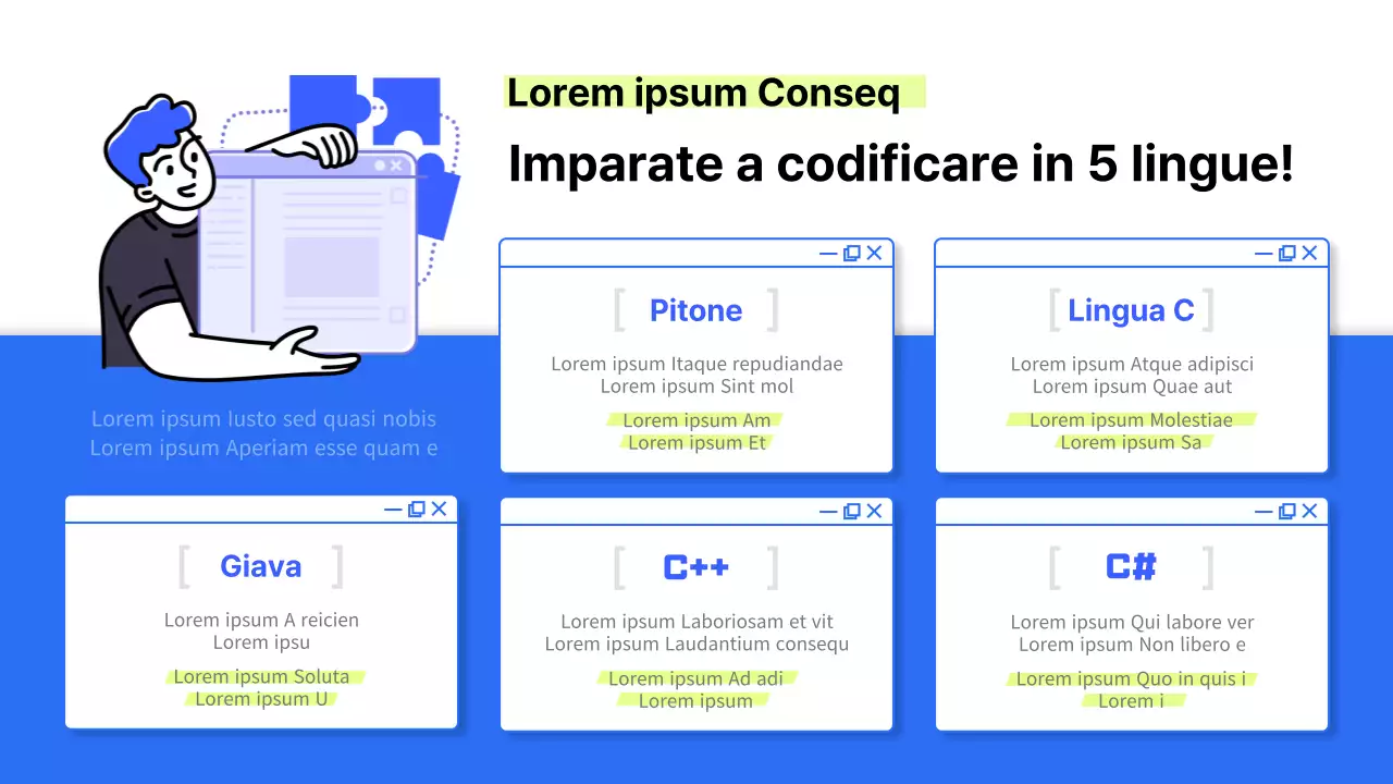 Cinque linguaggi di codifica che comunicano in toni blu