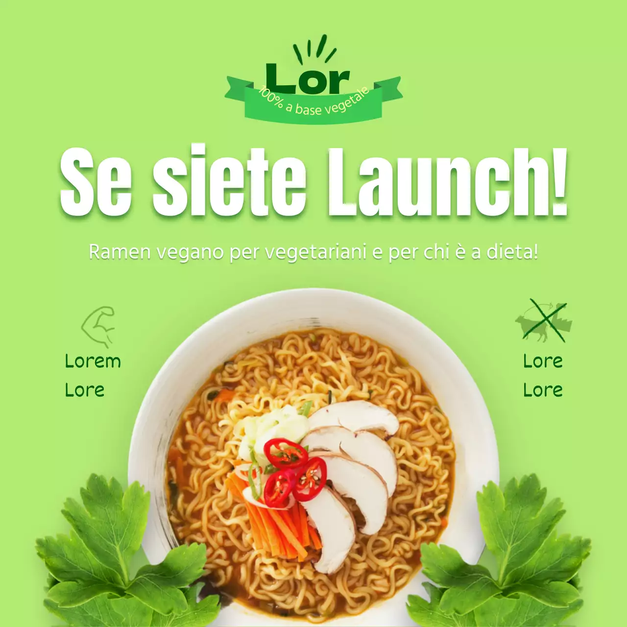 Annuncio del lancio di tagliatelle vegane pulite con sfondo verde lime