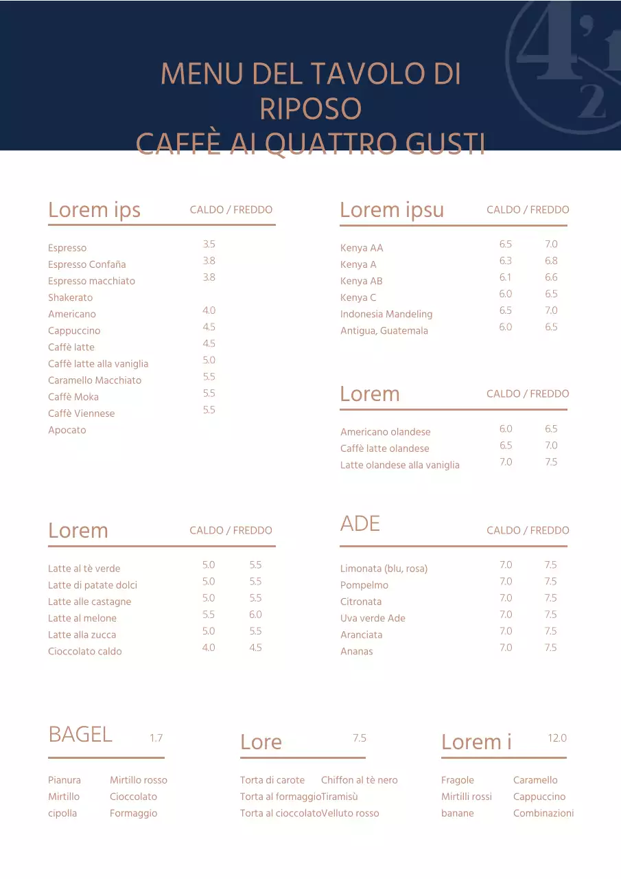 Un menu di classe e pulito con il nome e il logo del negozio in blu navy e oro.