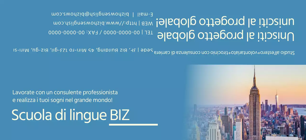 Promozione di una scuola di lingue con foto blu e gialle di paesaggi stranieri