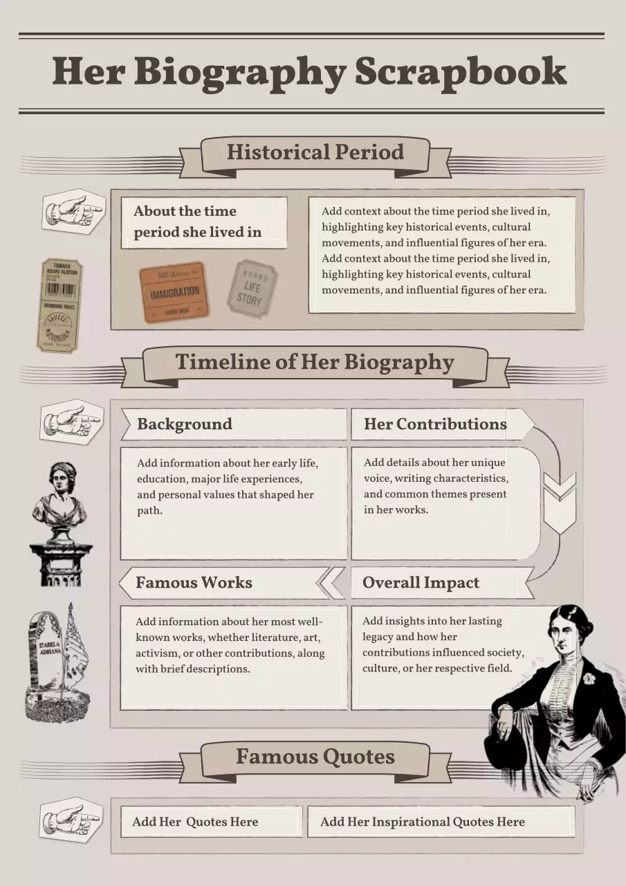 beige vintage women's day biography history scrapbook