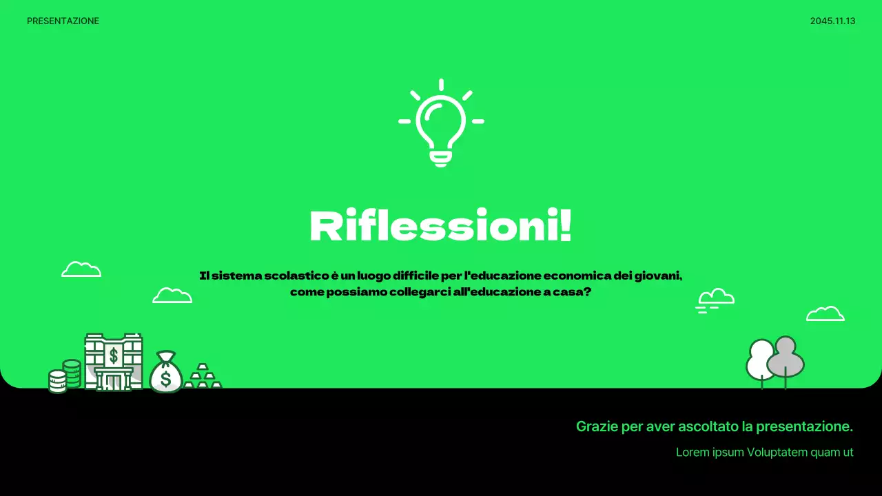 Presentazione minimalista di educazione economica giovanile in verde lime e nero