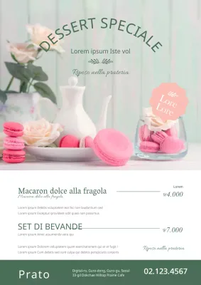 Promuovete il menu di un negozio di dolci con foto di dessert decadenti nei colori verde e rosa.