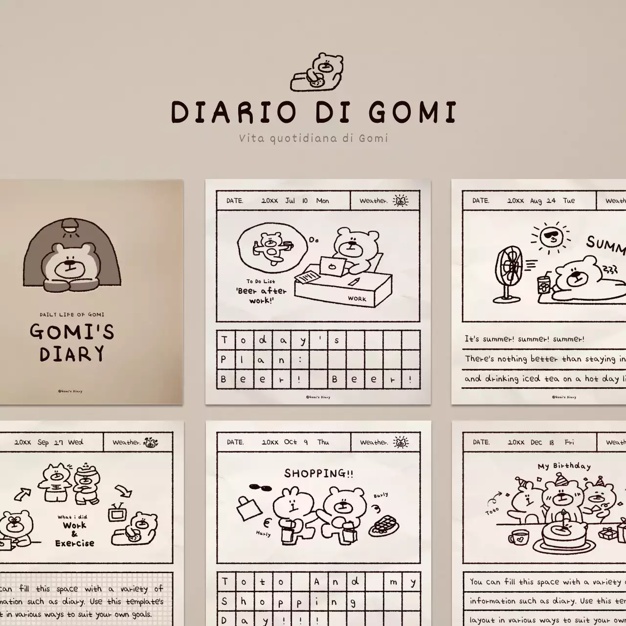 Pacchetto diario con illustrazione di orso bruno carino