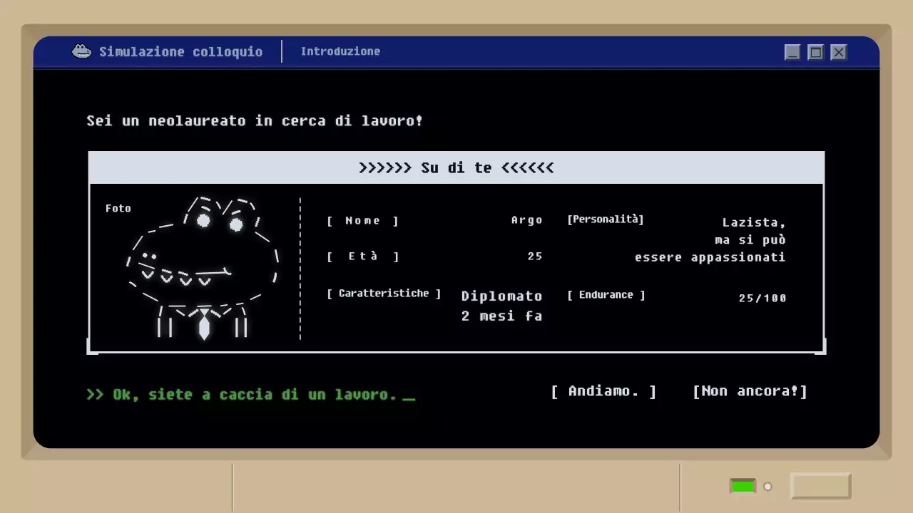 Simulazione di colloquio di lavoro con un concetto di gioco retro mud nero