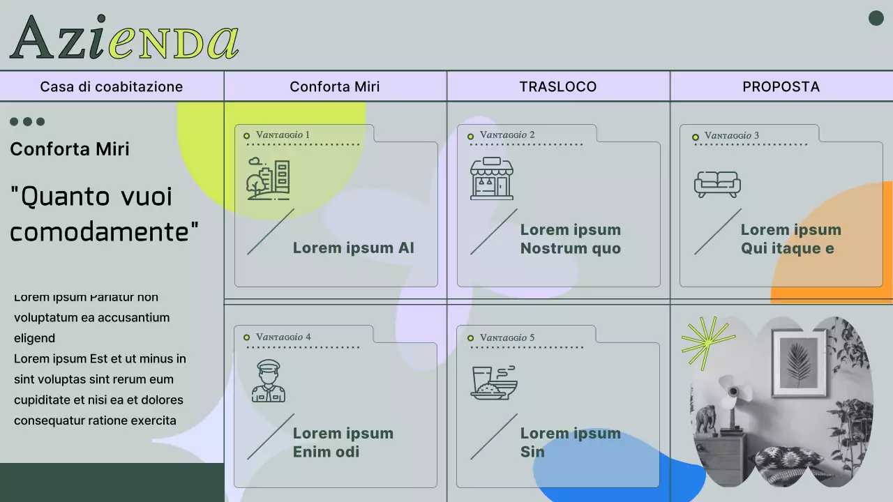 Proposta di casa co-living con foto e linee verdi attenuate