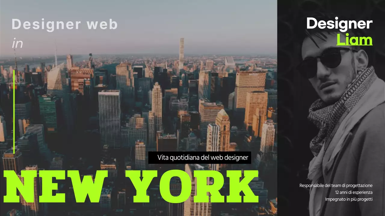 La vita quotidiana di un web designer a New York con un design semplice e accenti verde lime
