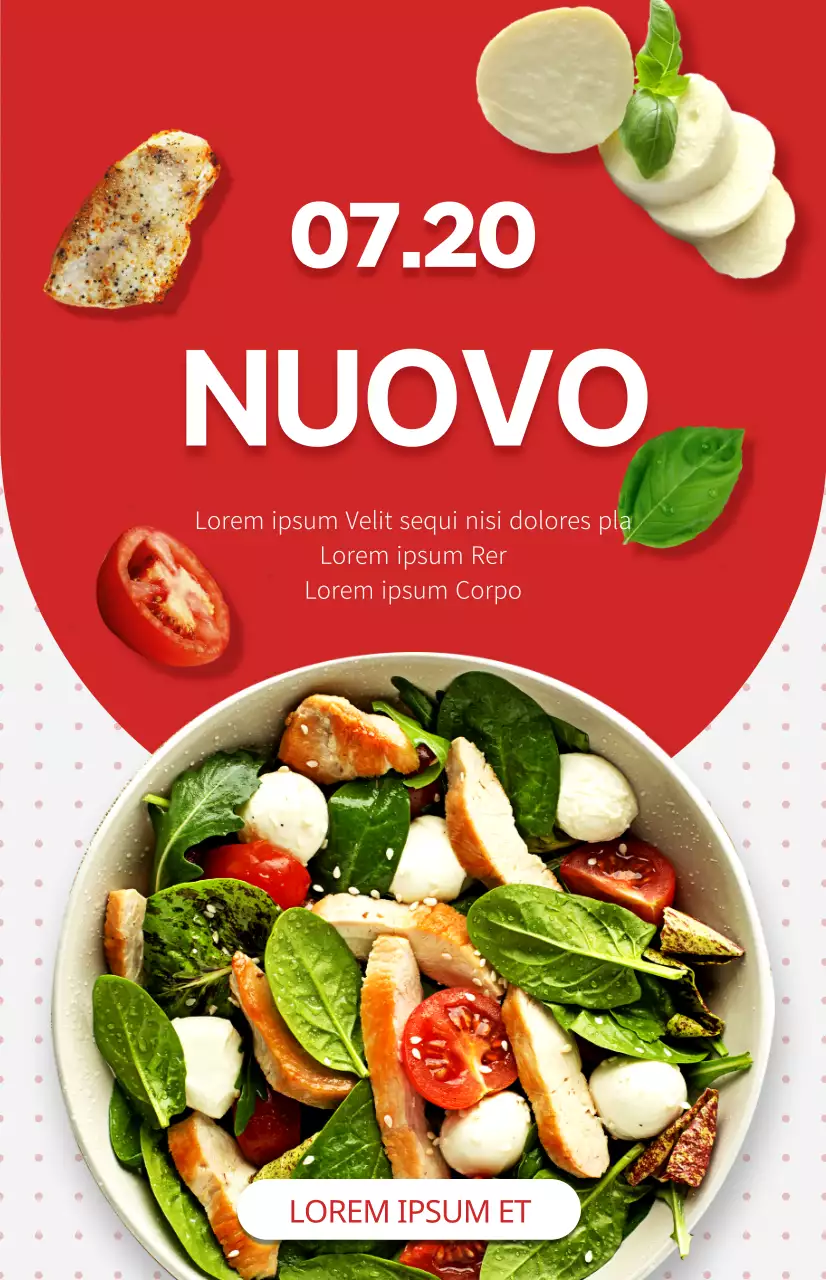 Promuovere un nuovo menu di insalate con uno sfondo a punti bianchi e rossi