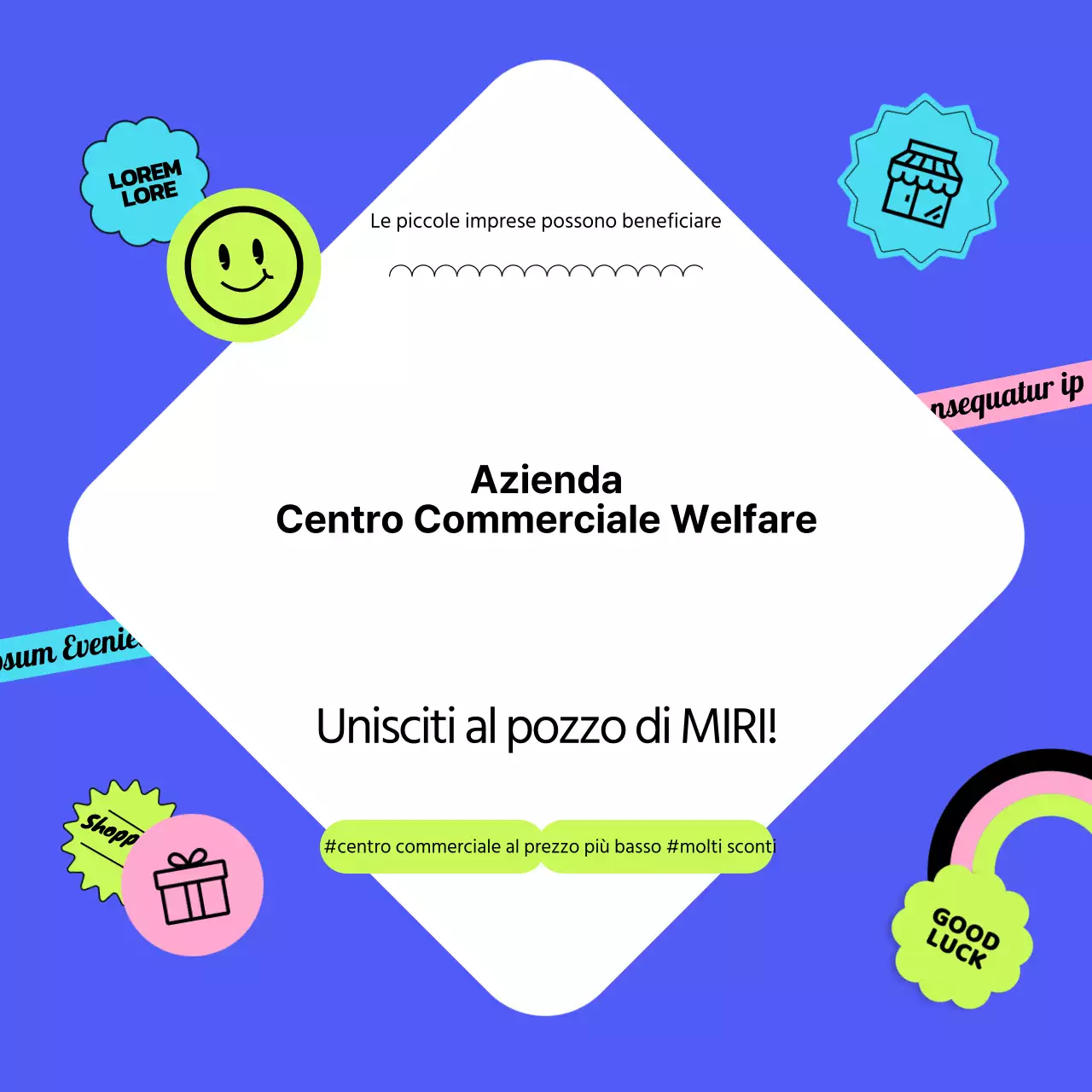 Spiegare il centro commerciale blu del welfare aziendale con un concetto di adesivo CardNews