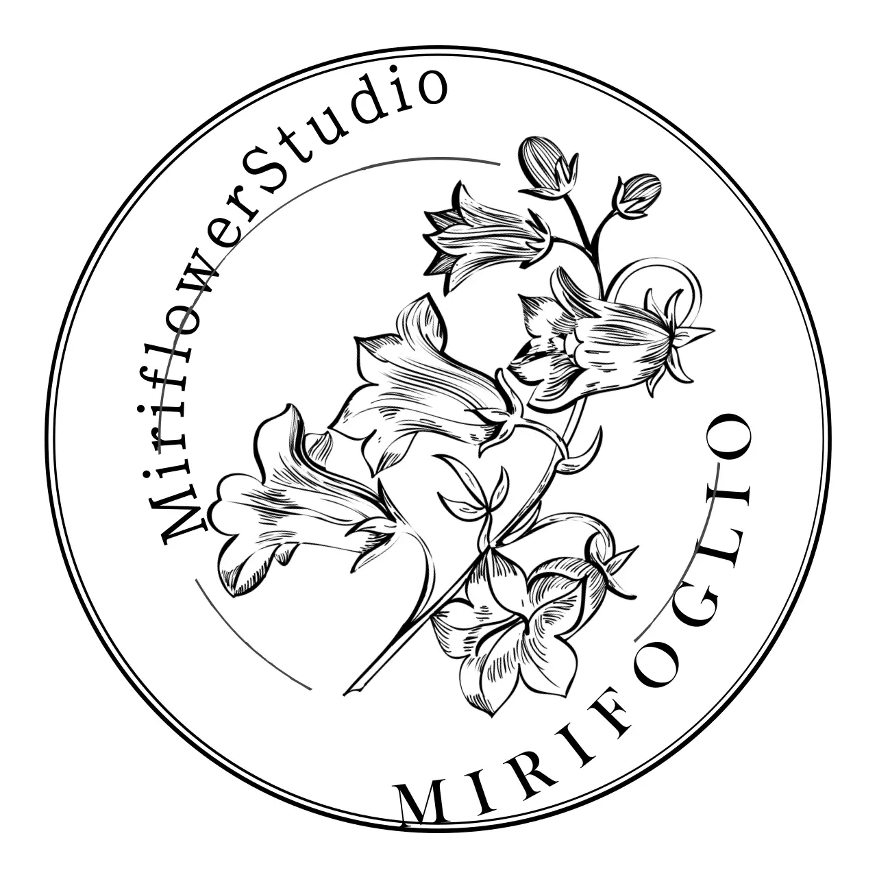 Segno del logo dello studio in stile illustrazione floreale sentimentale in bianco e nero