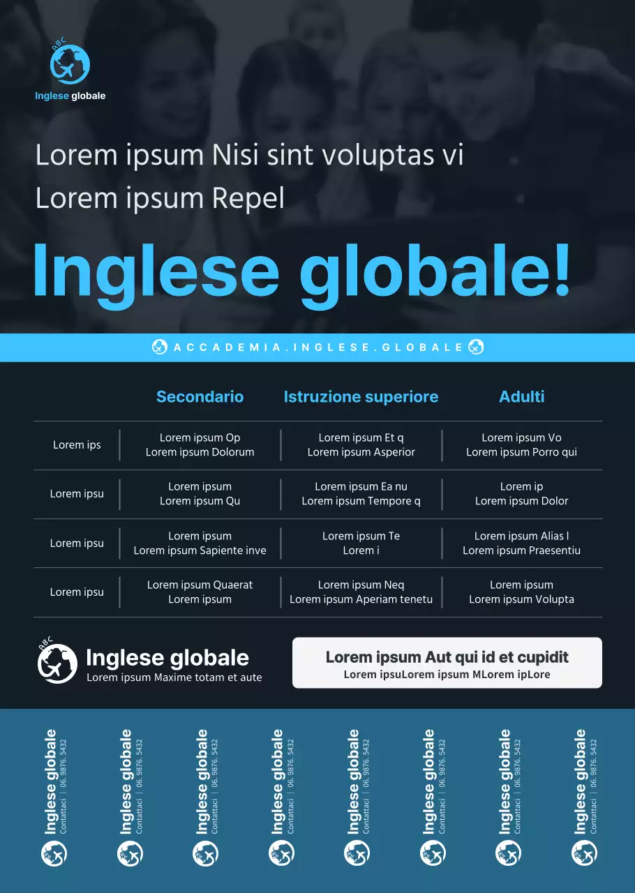 Stile semplice e pulito in blu e blu scuro per l'informazione e la promozione delle scuole di lingua inglese.