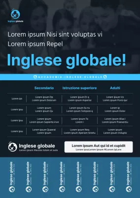 Stile semplice e pulito in blu e blu scuro per l'informazione e la promozione delle scuole di lingua inglese.