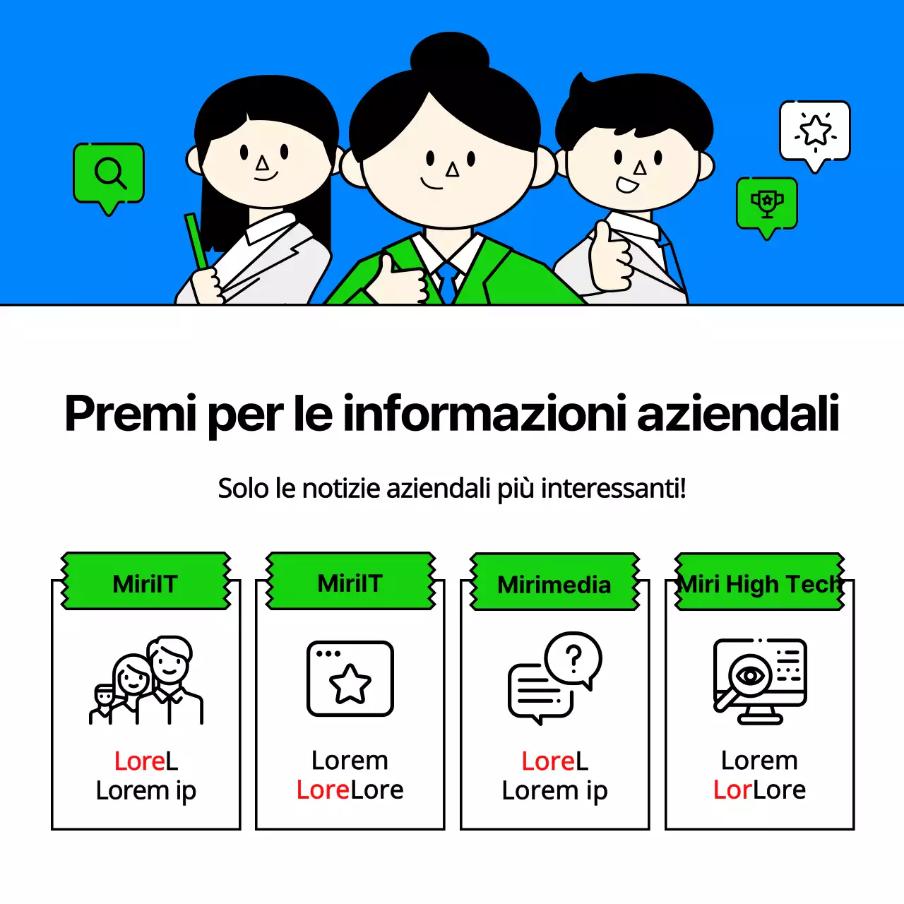 Annunci di lavoro di aziende IT con simpatiche e semplici illustrazioni aziendali in azzurro e chartreuse.