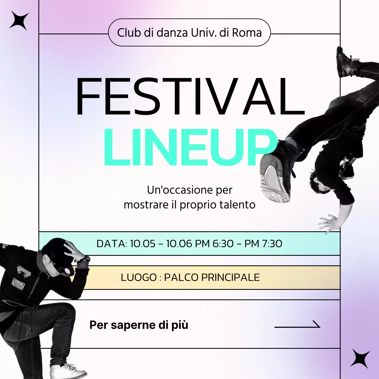 Annuncio della line-up per il pop menta e viola delle esibizioni nei club di danza