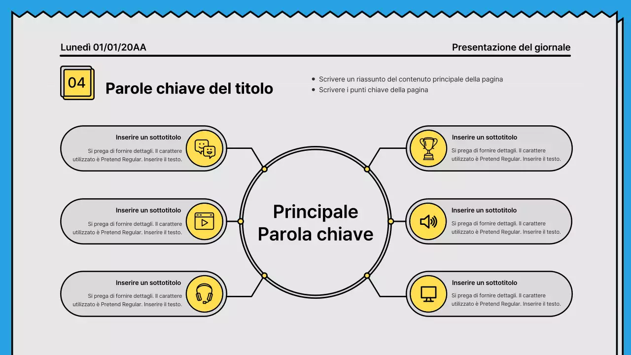 Linee decise e presentazione che attira l'attenzione in un concetto di giornale con accenti di giallo e azzurro