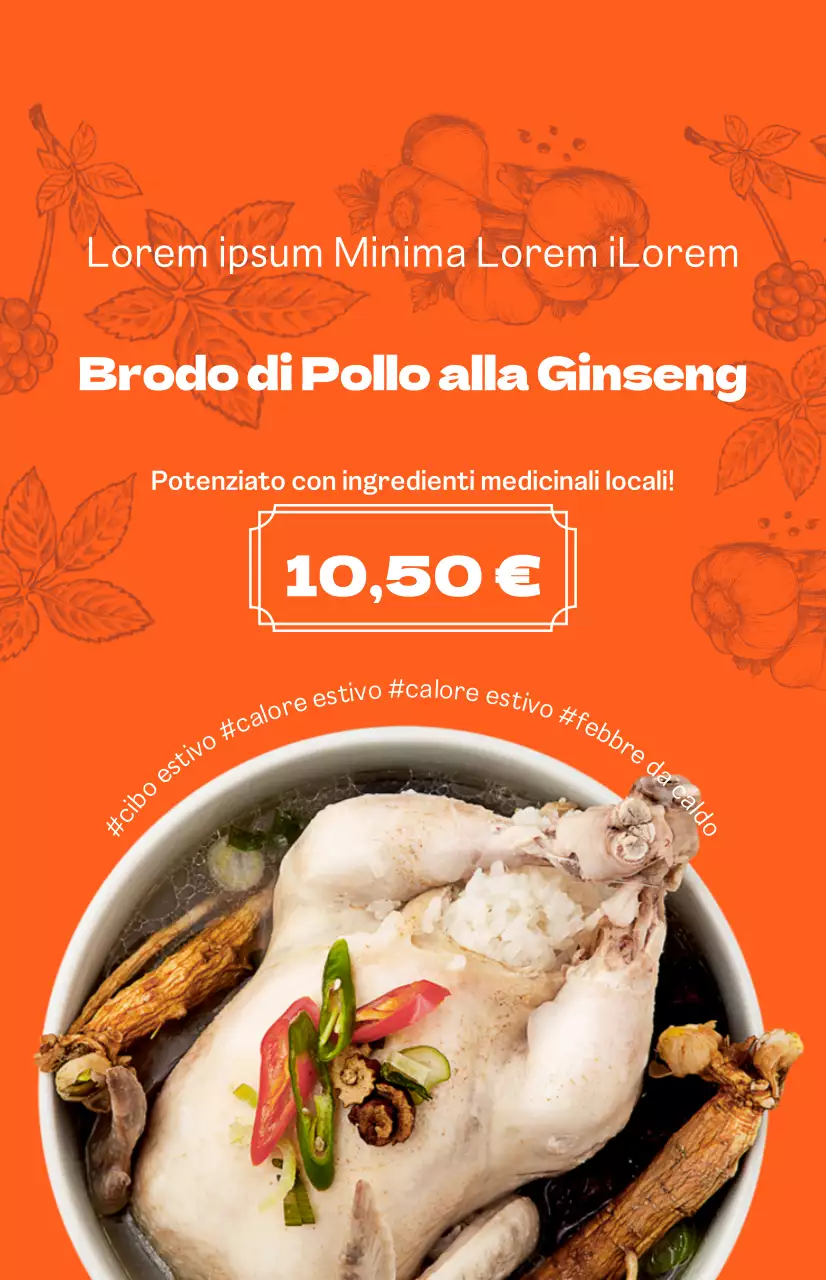 Boyang Samgyetang con un vivace sfondo arancione e illustrazioni in coreano