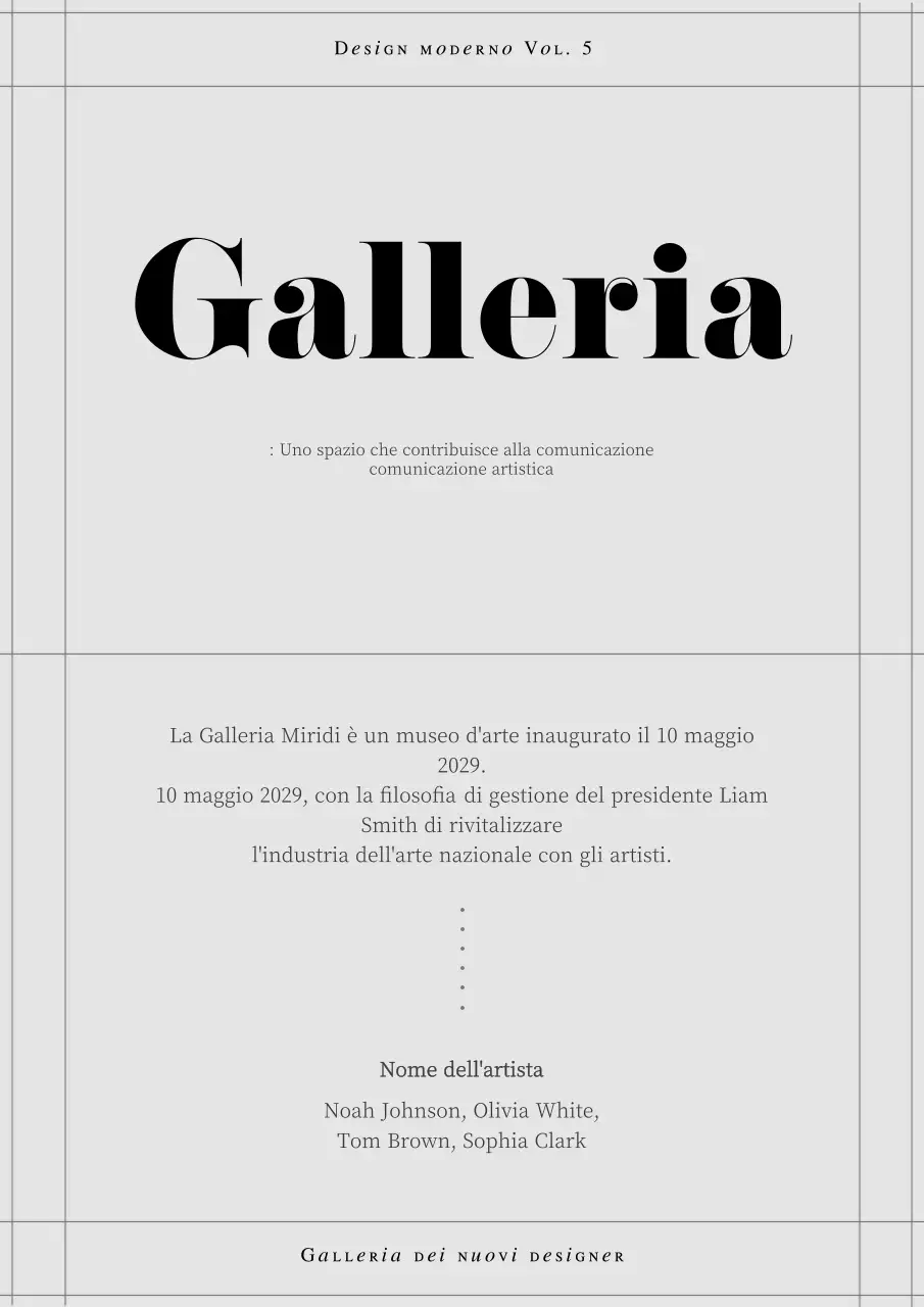 Presentazione della galleria concettuale dalle linee pulite in bianco sporco e nero.