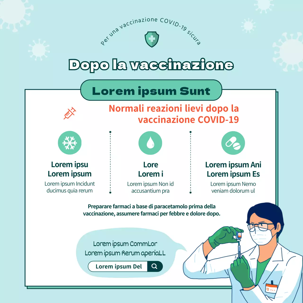 Istruzioni illustrate per la vaccinazione contro il coronavirus in azzurro e verde