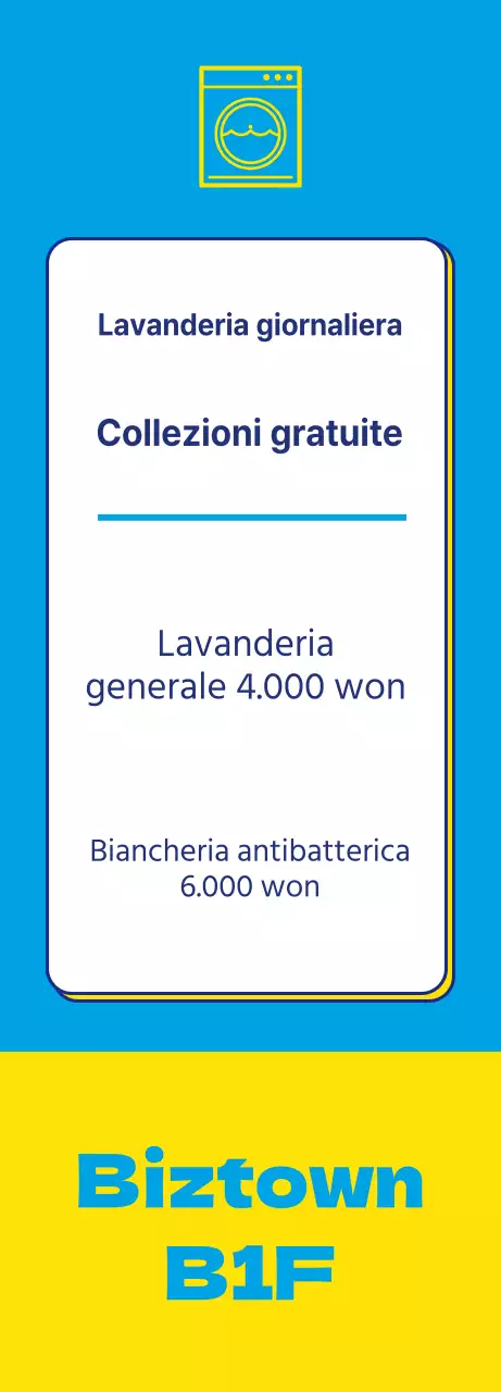 Striscione di una lavanderia a gettoni con l'icona di una lavanderia a punti gialla su sfondo blu