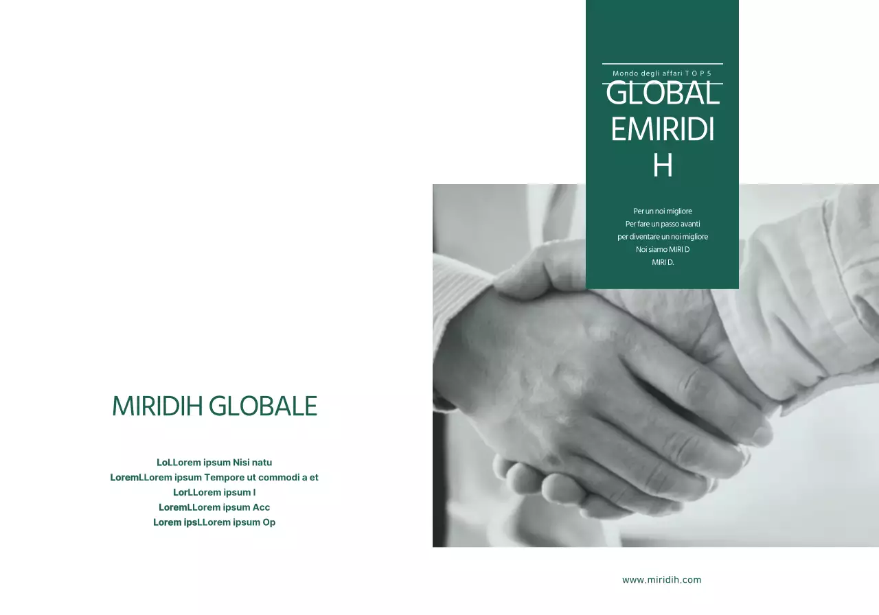 Un semplice miraggio globale con testo e immagini verde scuro per promuovere l'azienda.