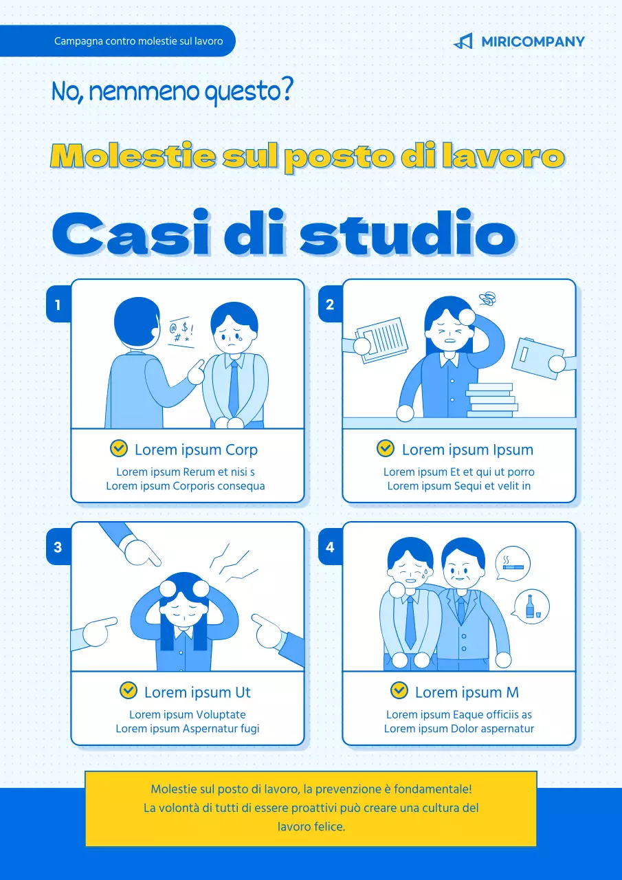 Webposter illustrato blu e giallo sul mobbing sul posto di lavoro