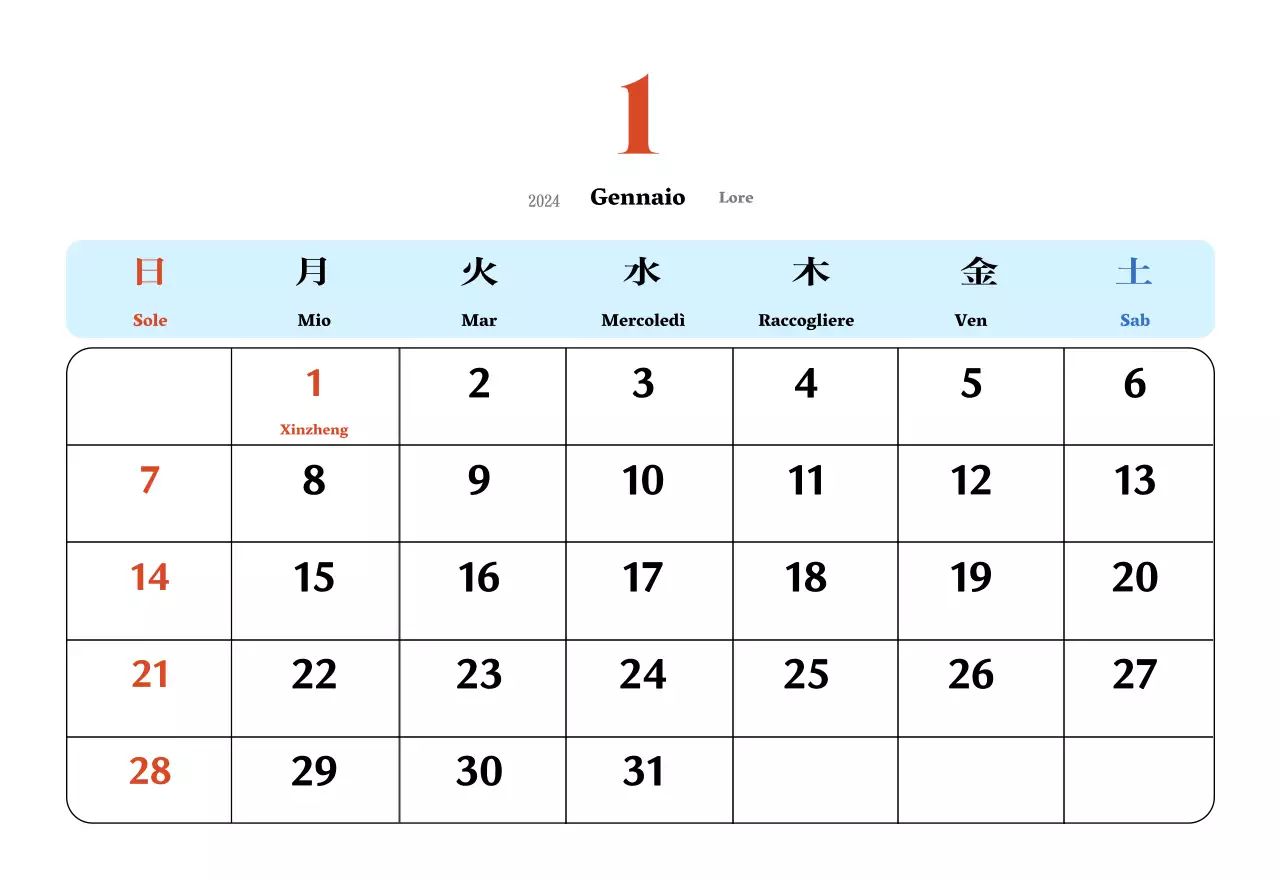 Calendario nostalgico di concezione retrò in rosso e blu
