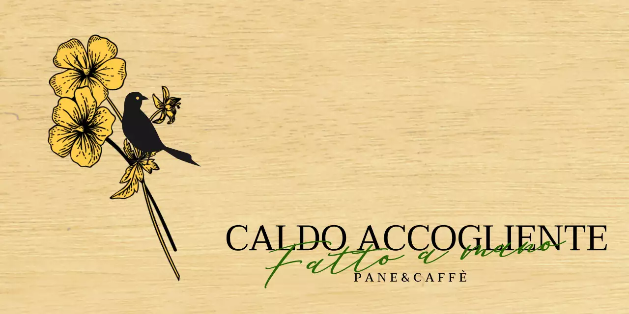 Design emozionale di un caffè-panetteria con illustrazioni di fiori e uccelli in nero e giallo