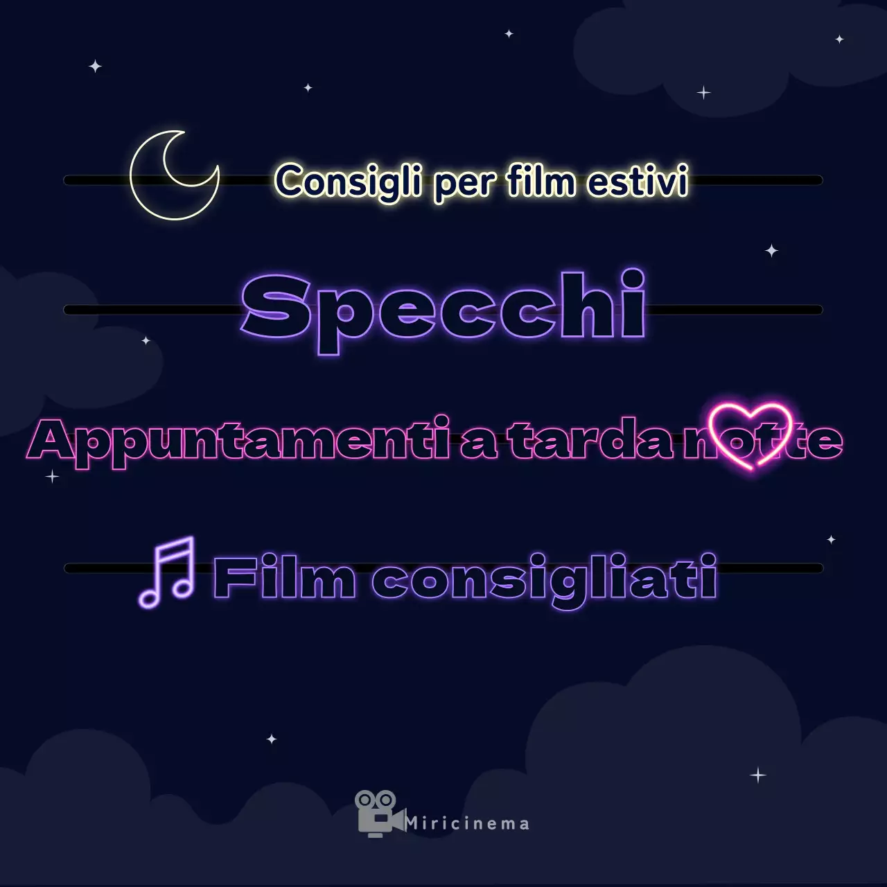 Raccomandazioni di film per appuntamenti a tarda notte con uno sfondo blu navy e insegne al neon
