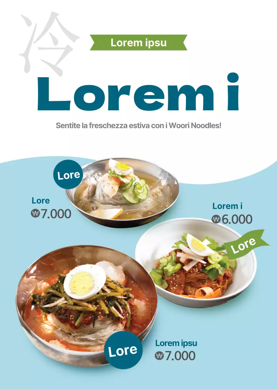 Menu estivo di noodle freddi in stile basic blu chiaro