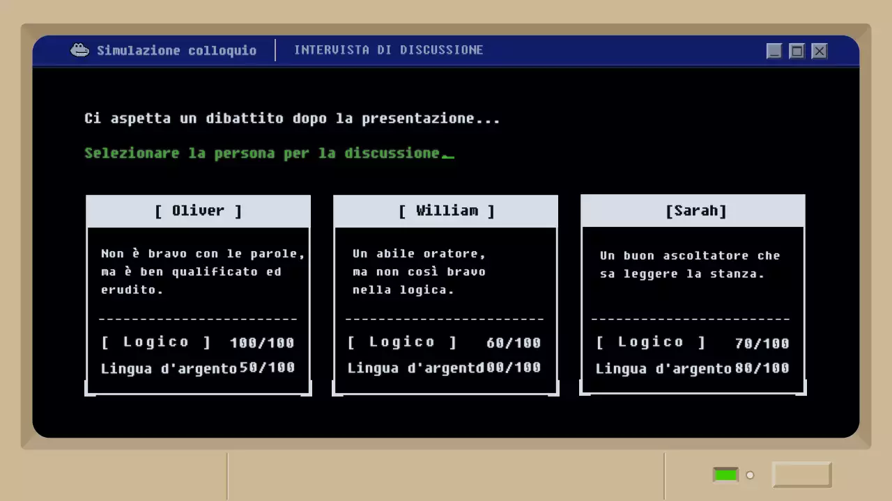 Simulazione di colloquio di lavoro con un concetto di gioco retro mud nero