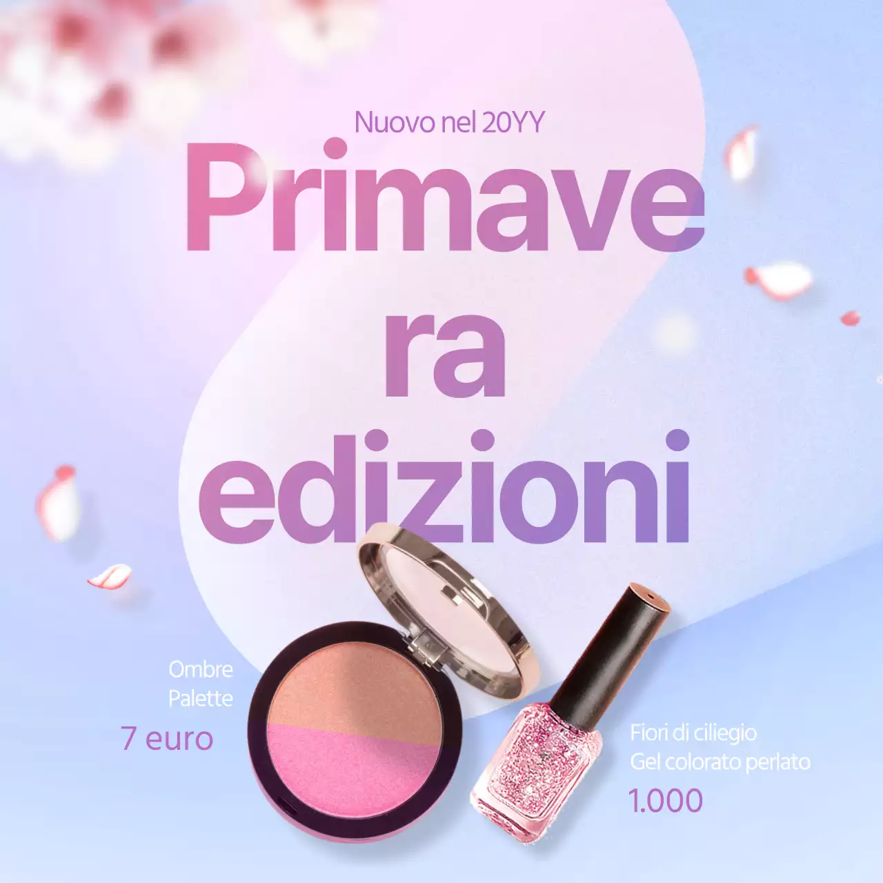 Cosmetici con petali che volano su uno sfondo di fiori di ciliegio Banner per eventi viola legati alla bellezza