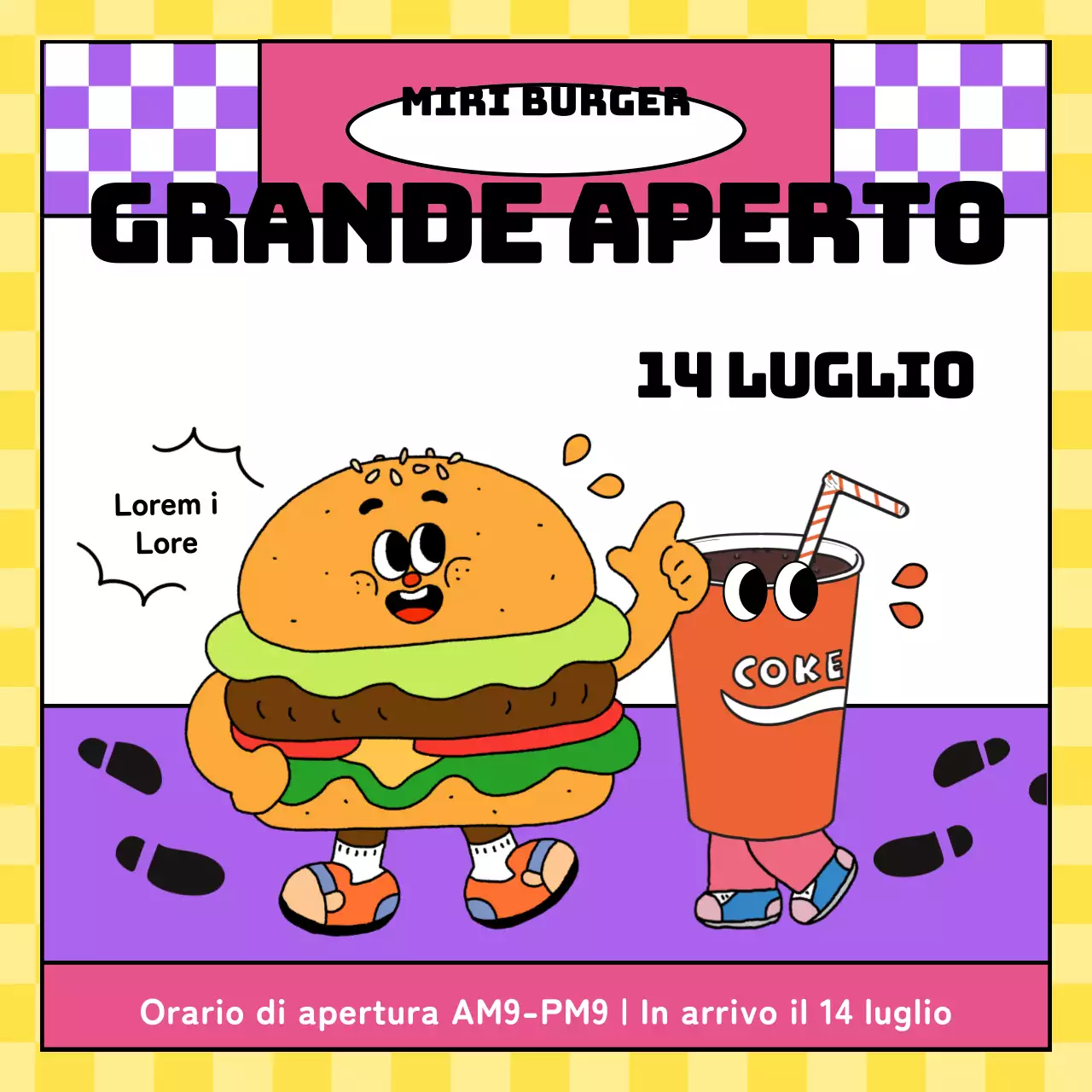 Un locale di hamburger con un concetto di pop art colorato di viola è ora aperto per l'attività