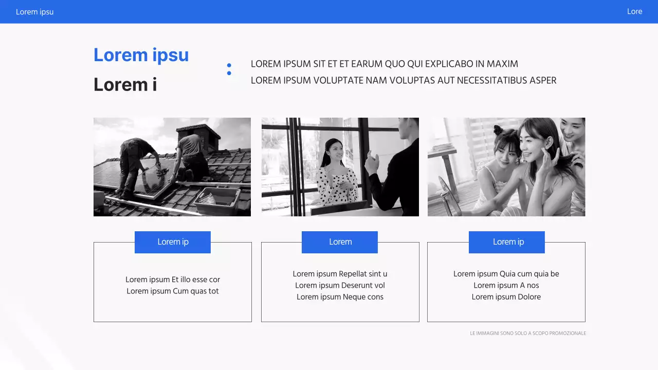 Semplice presentazione promozionale di marketing in bianco e blu