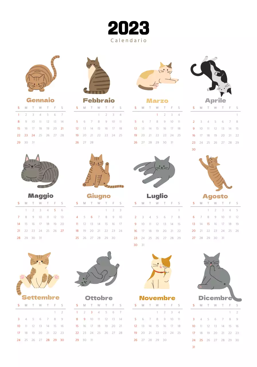 Un calendario con simpatici caratteri e illustrazioni di gatti