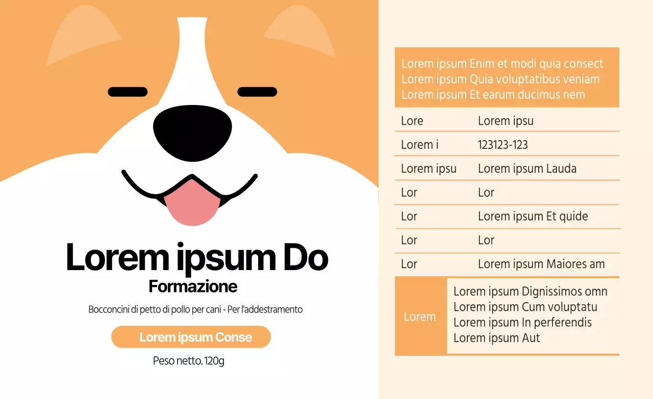 Etichetta di dettaglio arancione illustrata per dolcetti per animali domestici