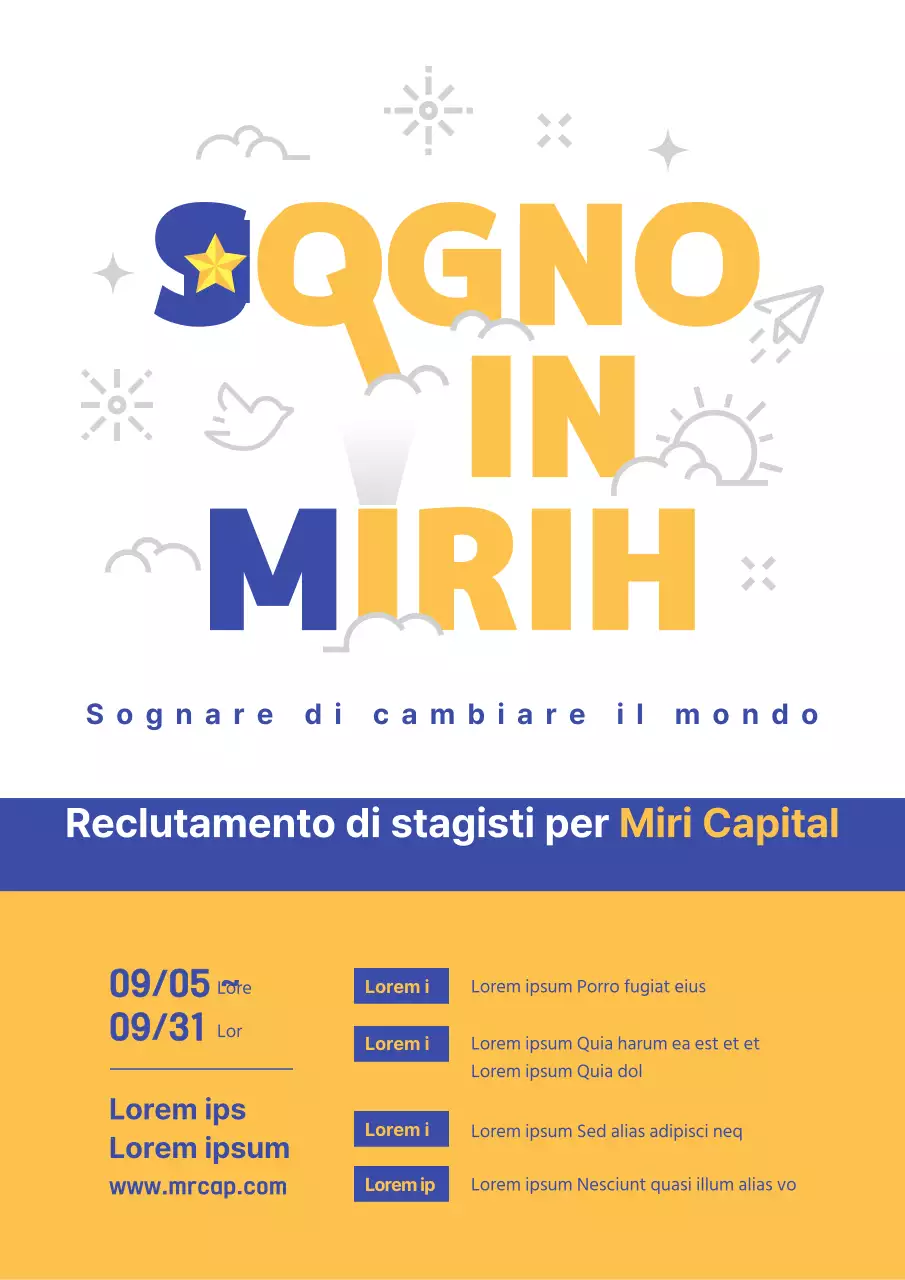 Tema per l'annuncio di stage giallo blu navy con concetto di tipografia pulita