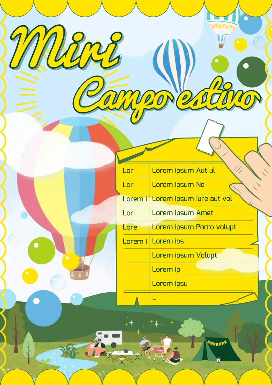 Volantino del campo estivo con blocco note giallo e illustrazioni