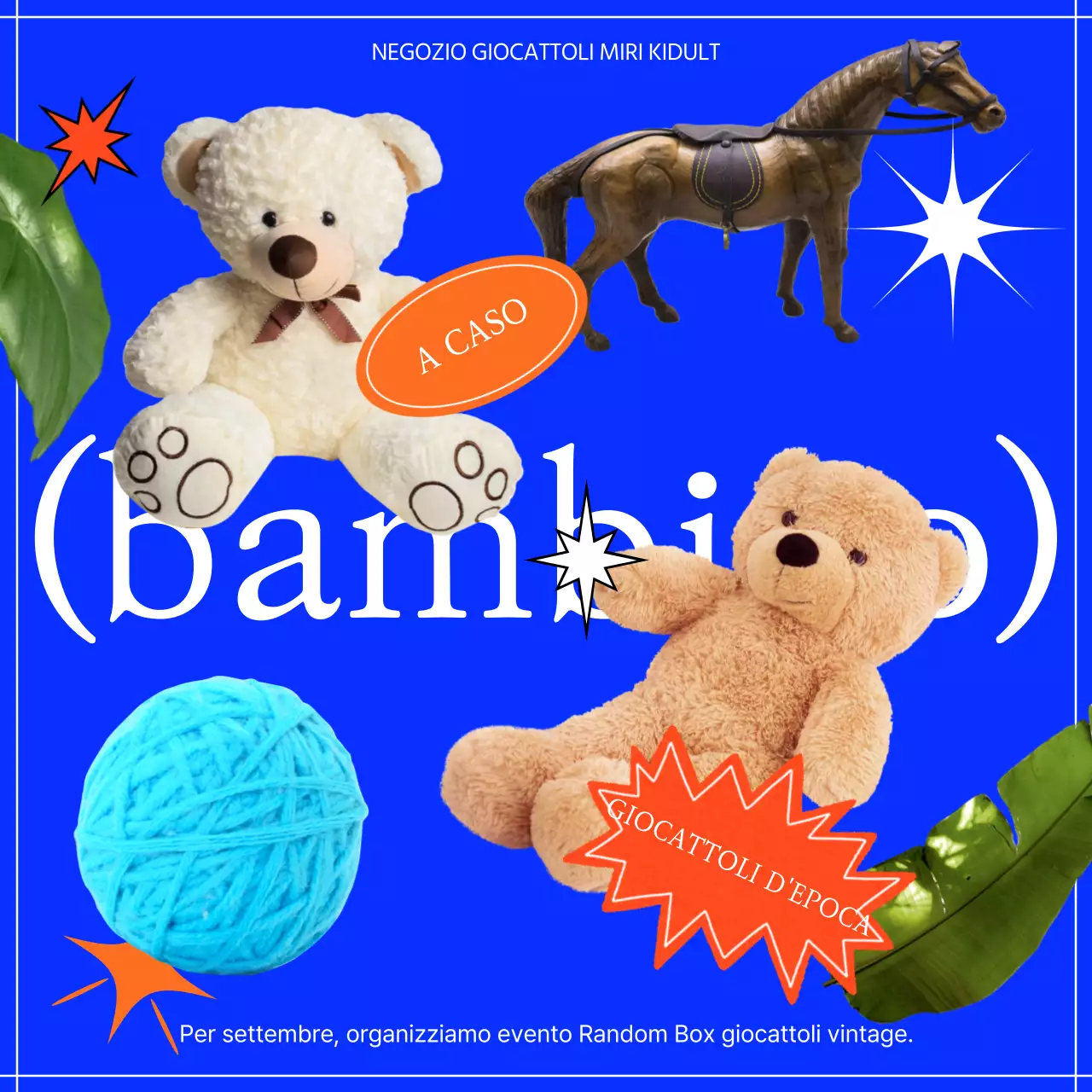 Scatola casuale di giocattoli vintage blu e arancione